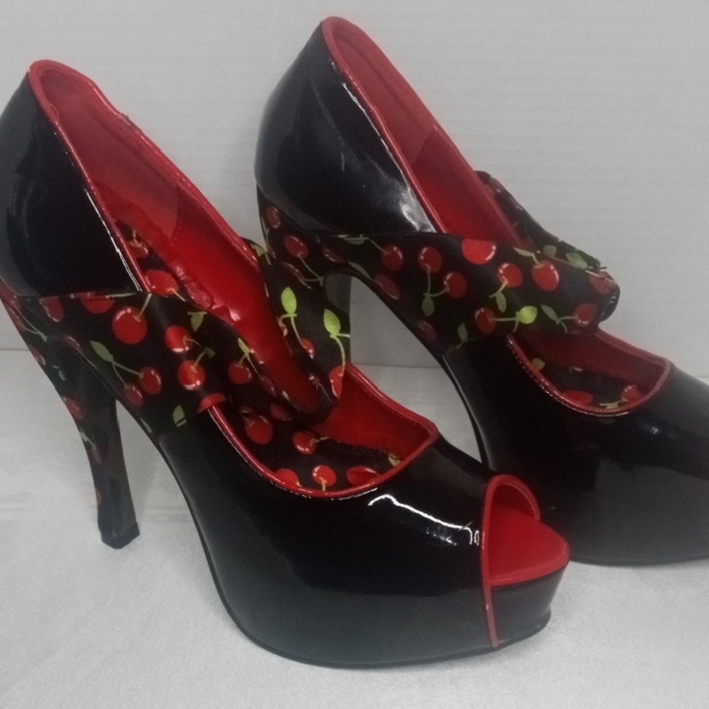 Cherry Print Black Patent Peep-Toe Heels